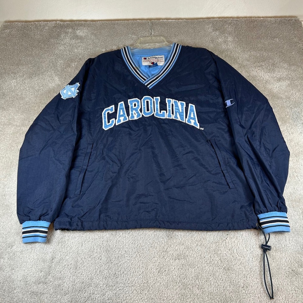 VTG Champion UNC Tar Heels Windbreaker Mens M Navy Blue Pullover V-Neck Carolina